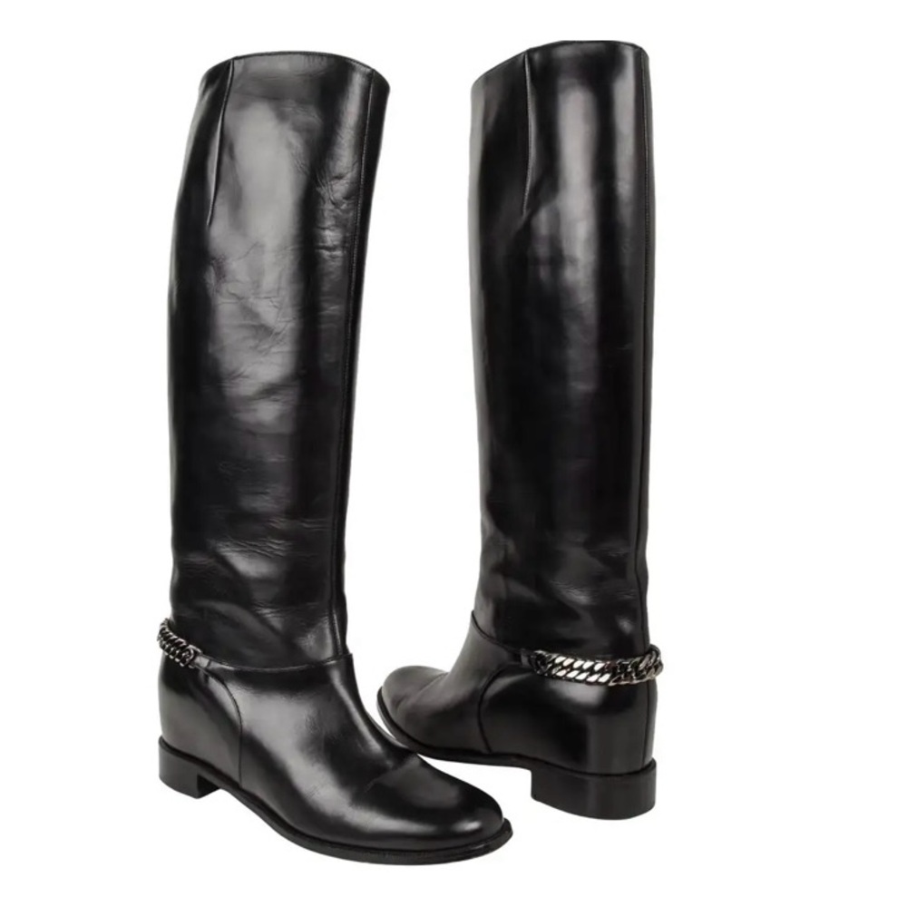Christian Louboutin Black Knee High Boots chain detail cate flat 8.5